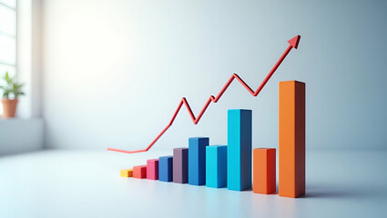 Flat Floating bar graphs for interactive role play measuring marketing performance and highlighting success in dynamic visuals concept as Bar graphs float above a futuristic setting letting participan