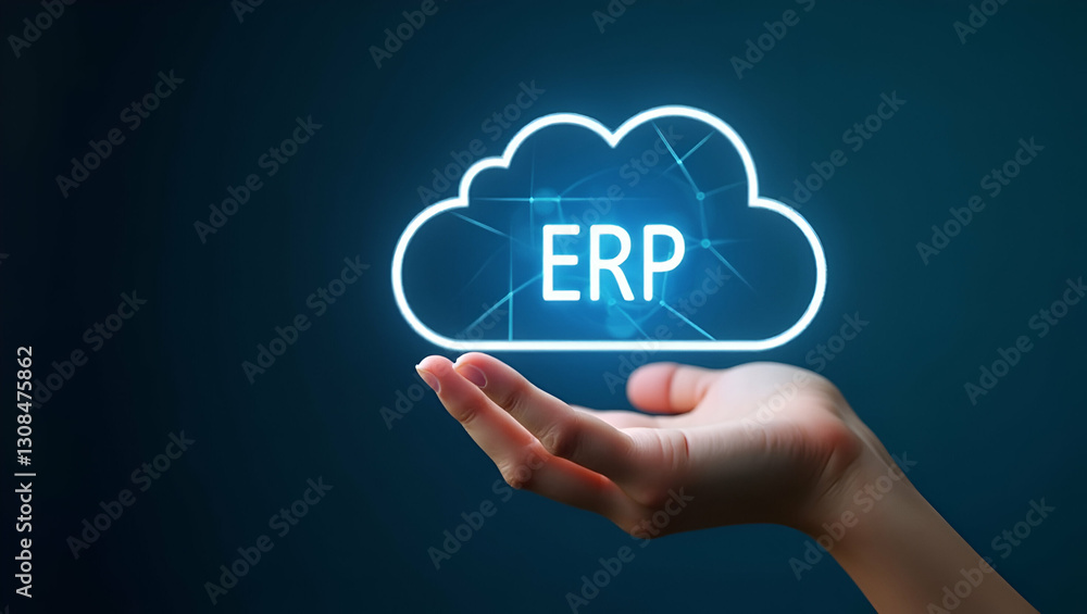 Poster hand holding holographic erp integration performance icon in cloud setup - minimalist concept