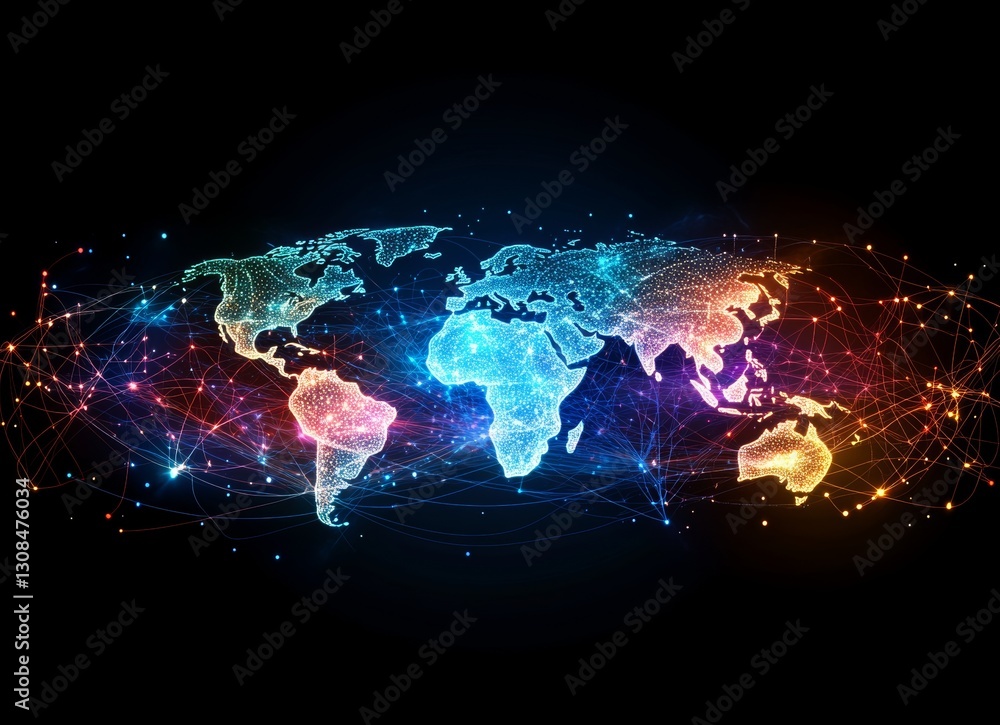 Poster featuring a globe framed by a triangle and glowing rings, this design uses a double exposure effect 