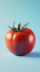 Close-up of a red tomato with green stem and leaves against a blue background