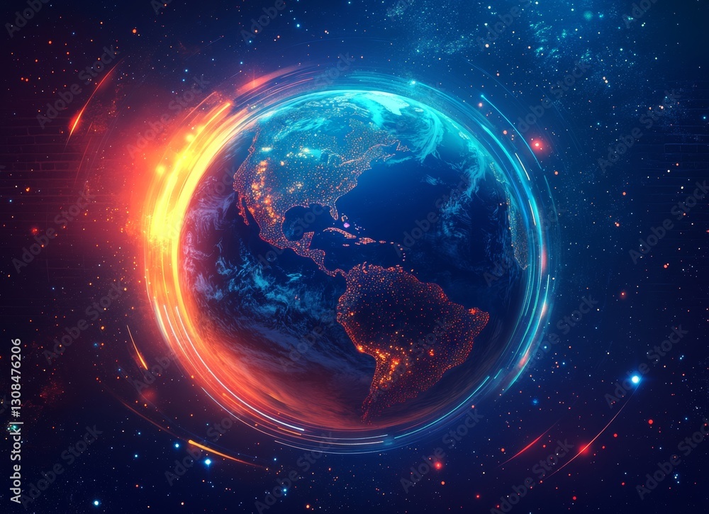 Poster a double exposure image shows a glowing globe with vibrant light trails, creating a dynamic, futuris
