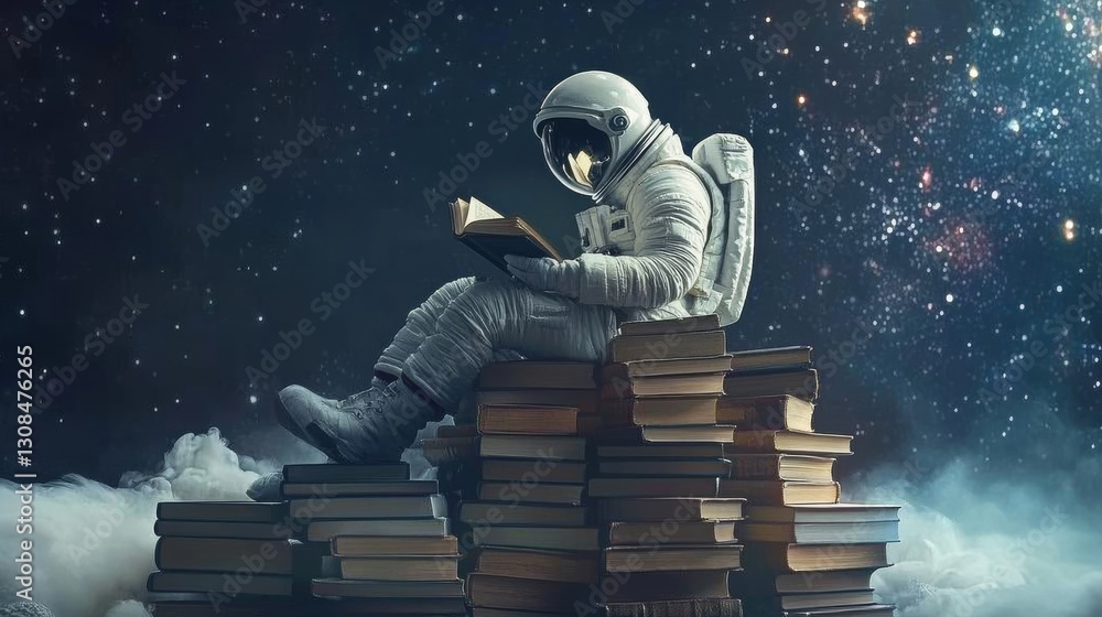 Poster astronaut seated on a stack of books, immersed in reading against a backdrop of stars and galaxies, 