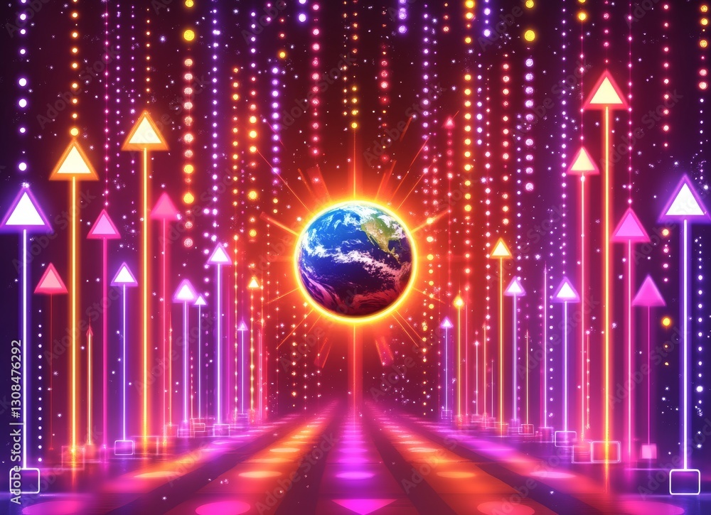 Aufkleber a vivid abstract digital artwork with a shining globe and flowing light trails, producing a double e