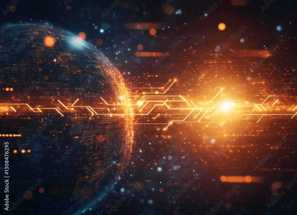 Poster A sphere with double exposure emits bright rays, while neon arrows loop around it, producing a futuristic, glowing appearance on a dark canvas