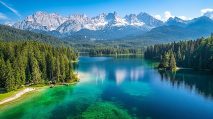 Serene Mountain Lake Surrounded by Lush Forest and Majestic Peaks