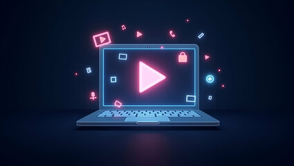 Flat Streaming Play Button A holographic play button surrounded by multimedia elements representing streaming play functionality in digital media. concept as Holographic play button encircled by multi