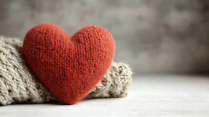 Hand-knitted heart craft displayed on soft fabric representing love and warmth in a cozy environment