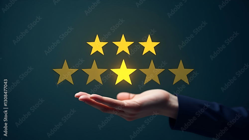 Poster Hand Interacting with 5-Star Review System: Highlighting Customer Feedback and Satisfaction Ratings in Stock Photo Concept with Emphasis on Positive Reviews and Empty Space for Text
