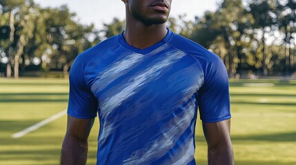 Fototapeta premium Casual portrait of a man in a blue shirt standing outdoors with a relaxed smile against nature