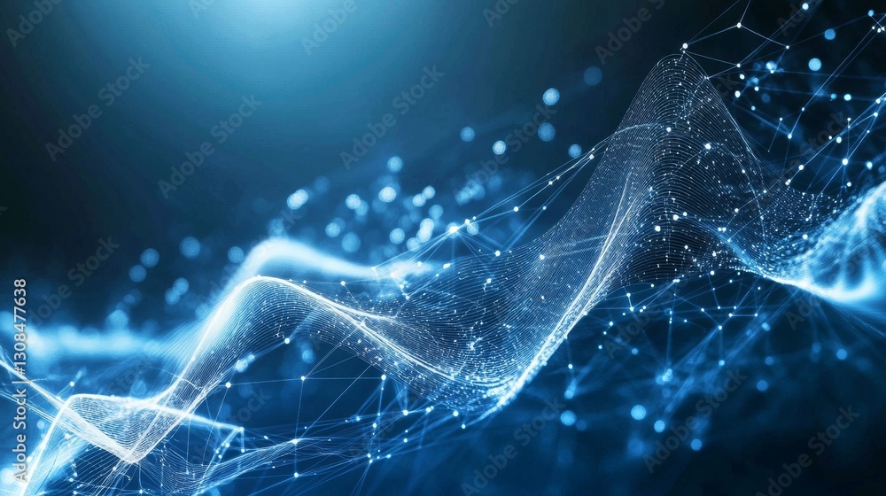 Poster abstract visualization of glowing blue points and connections forming a futuristic wave, symbolizing