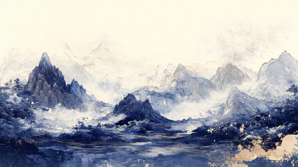 Obraz premium Ink wash painting of a mountain landscape in blue tones, with clouds and water