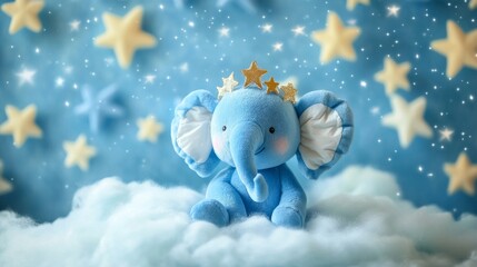 Obraz premium A soft blue plush elephant adorned with a golden star crown, sitting on fluffy white clouds against a dreamy sky filled with glowing stars. Perfect for children. AI Generation