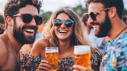 Friends gather together at a summer festival, sharing laughter, enjoying beers, and making joyful memories