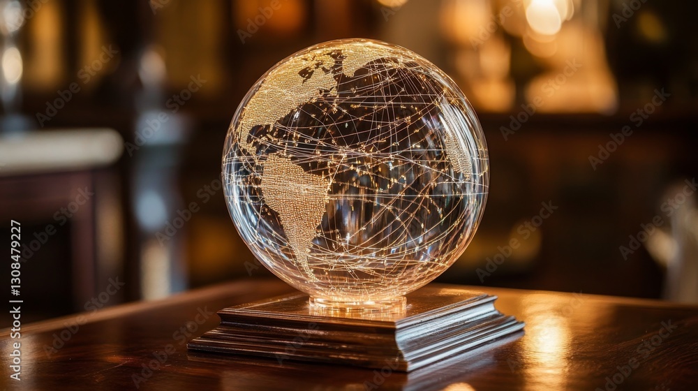 Poster artistic glass globe with illuminated world map and connection lines
