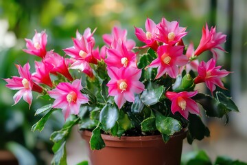 Fototapeta premium A close-up of a blooming Schlumbergera plant in a flowerpot, with vivid pink or red flowers standing out against the surrounding greenery.