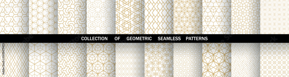 Poster geometric set of seamless golden and white patterns. simple vector graphics
