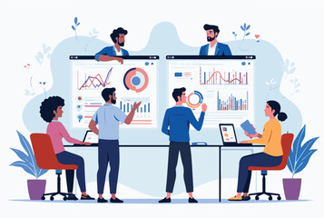 Online Business Analytics Concept. Vector illustration of diverse people in web page windows discussing statistical graphs. Isolated on background