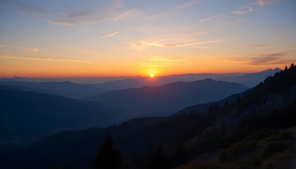 Naklejka premium Tranquil Mountain Sunrise with Vibrant Sky – A Beautiful Nature Background for Serene and Inspirational Designs