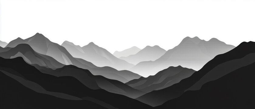 Black silhouette of mountains peak landscape with fog, panorama banner illustration, isolated on white background