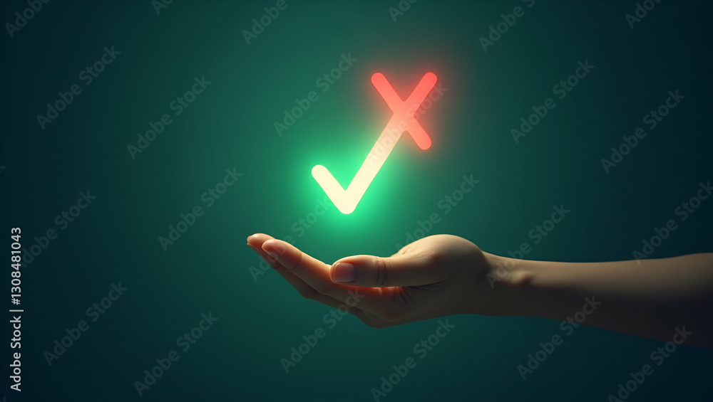 Poster floating holographic green checkmark and red cross: a cute vector illustration for smart business ta