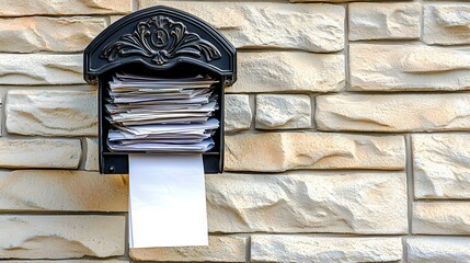 Overfilled mailbox overflowing with letters and blank note sticking out.  Stone wall background.