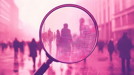 Magnifying glass focuses on blurred city crowd, showcasing data overlay and anonymity.  Pink tones.