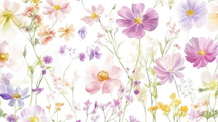 Obraz premium Watercolor Illustration set of Pink cosmos flowers on a white background,spring summer nature,Vibrant pink cosmos blooming,Children's card,banner,raindrops drawn by hand.