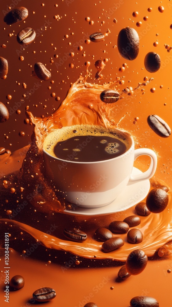 Poster a white coffee cup in the center of an energetic splash, surrounded by coffee beans in motion, creat