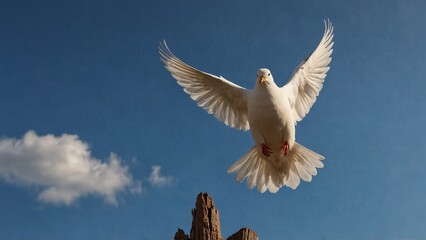Obraz premium A majestic white dove, perched on a wooden perch, spreading its wings under a clear blue sky.