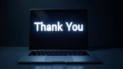 A glowing Thank You hologram hovering over a laptop representing a thank you gesture in a digital communication interface concept as Digital communication interface featuring a glowing Thank You holog