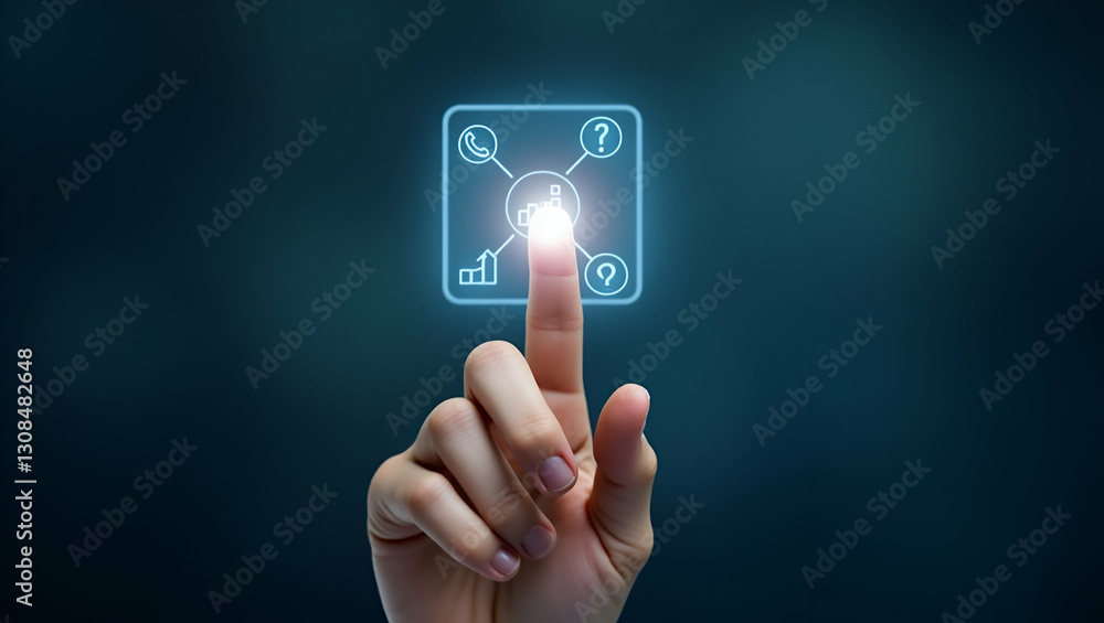 Aufkleber finger tapping a holographic button: digital selection concept in photo stock with empty space