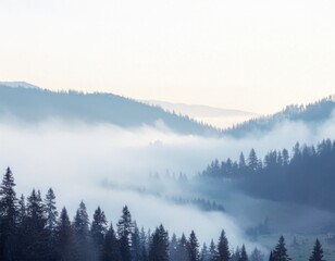 peaceful mountain landscape with mist rolling over pine trees, in a soft, muted color palette perfect for backgrounds