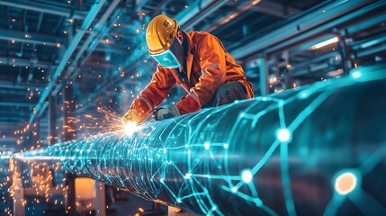 Industrial worker welding a large pipe with digital network overlay.