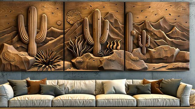 A carved wooden triptych art piece depicting a desert scene with cacti and mountains, placed above a modern couch.