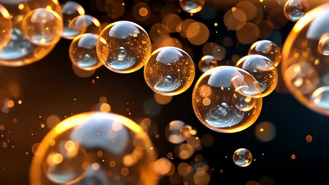 A close-up of floating bubbles with golden sparkling lights in the background, creating a dynamic and dreamy effect.