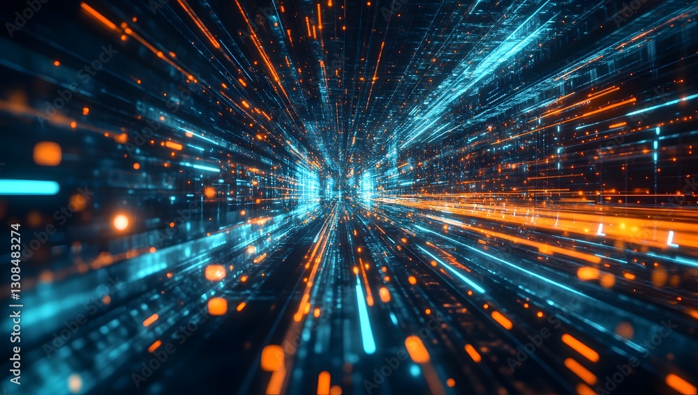Poster digital data tunnel, glowing lines