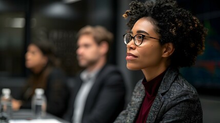 Attentive young businesswoman in glasses listening intently during a business meeting.