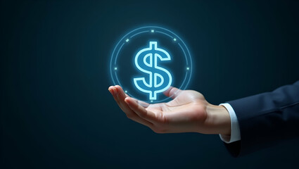 Hand Holding Holographic Tracking Icon: Visualizing Profit Management and Revenue Tracking in a Clean, Empty Space Background for Stock Photo Concepts