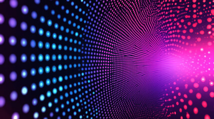Abstract tunnel of glowing dots in blue, purple, and pink hues