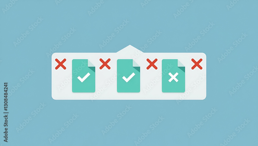 Poster flat checkmarks and cross icons being selected to approve or reject virtual documents representing d