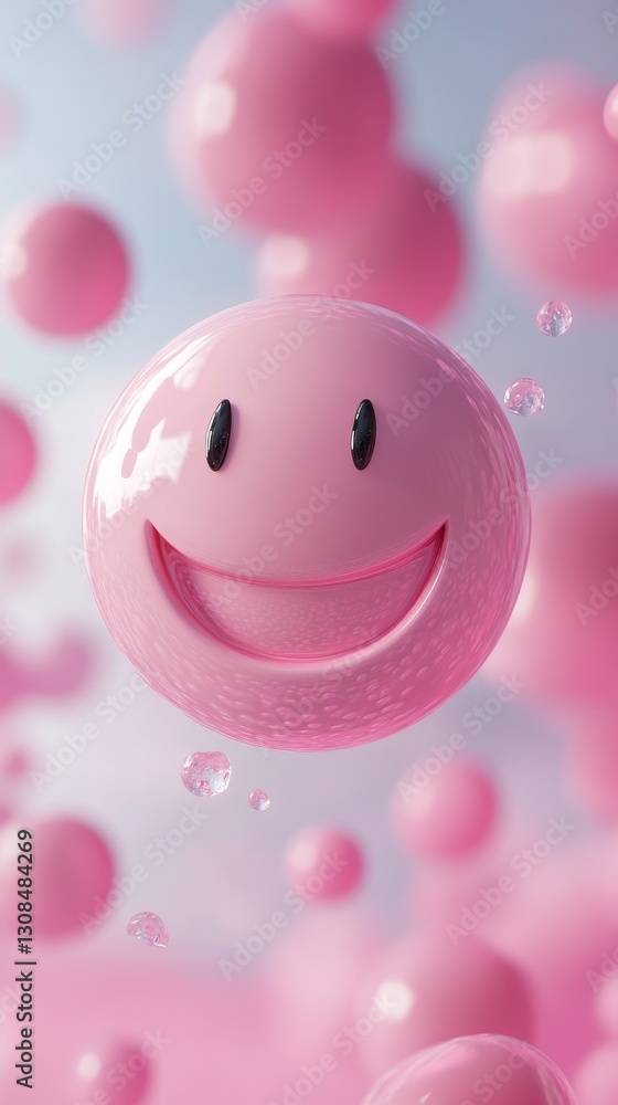 Poster a glossy 3d-rendered pink sphere with a bright, joyful smile surrounded by soft bubbles, offering a 