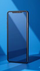 Elegant smartphone with metallic edges on abstract blue background, modern technology