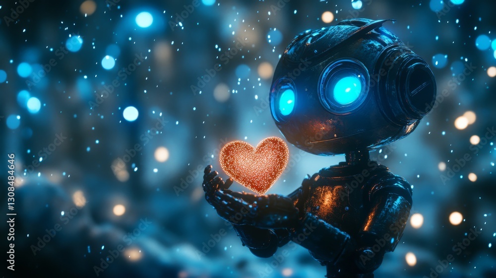 Poster a charming robot with illuminated blue eyes presents a sparkling heart-shaped object in its hands, s
