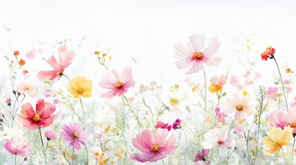 Watercolor Illustration set of Pink cosmos flowers on a white background,spring summer nature,Vibrant pink cosmos blooming,Children's card,banner,raindrops drawn by hand.