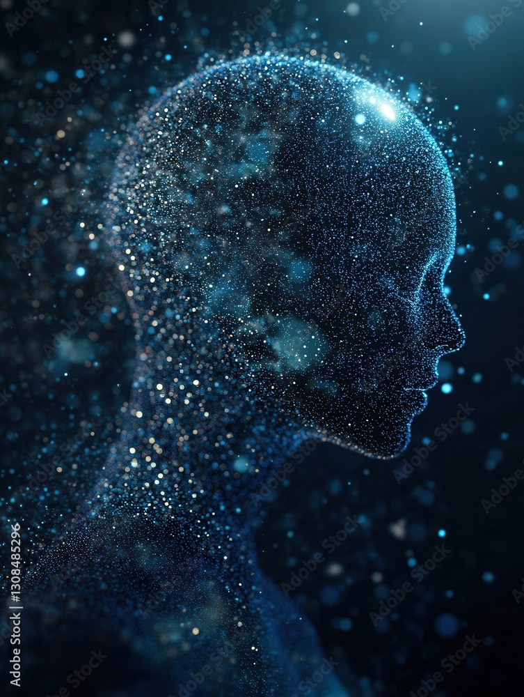 Aufkleber Futuristic silhouette of a human formed by digital particles in a sleek blue and silver background depicting AI driven politics Generative AI