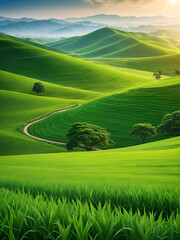 for advertisement and banner as Serene Meadows Capture the tranquility of lush green fields. in Global Business  theme ,Full depth of field, high quality ,include copy space on left, No noise, creativ
