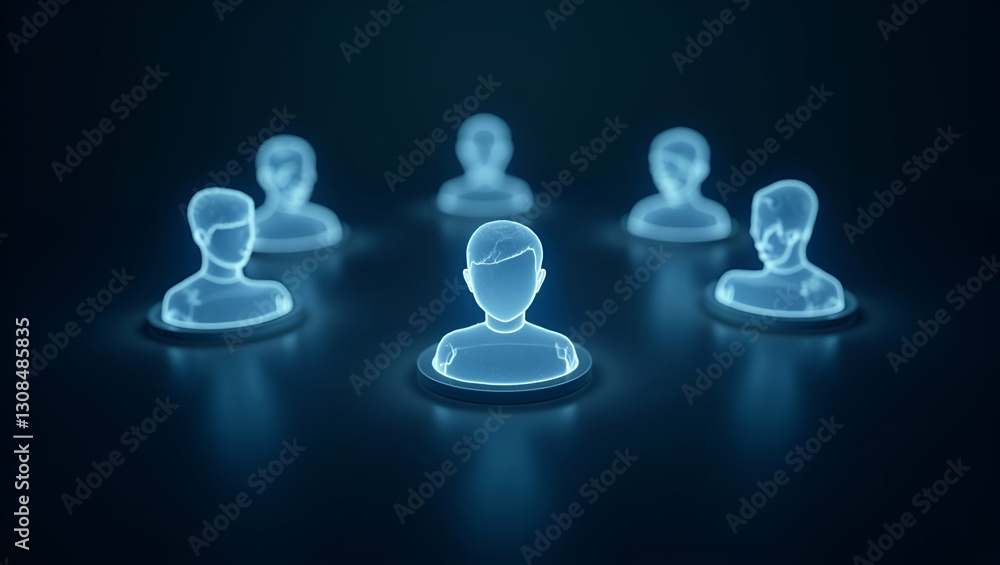 Poster holographic team icons arranged in a circle for role play pushing users to coordinate tasks brainsto
