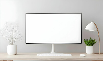 Modern Desk Setup with Curved Monitor, Lamp, and Green Plants