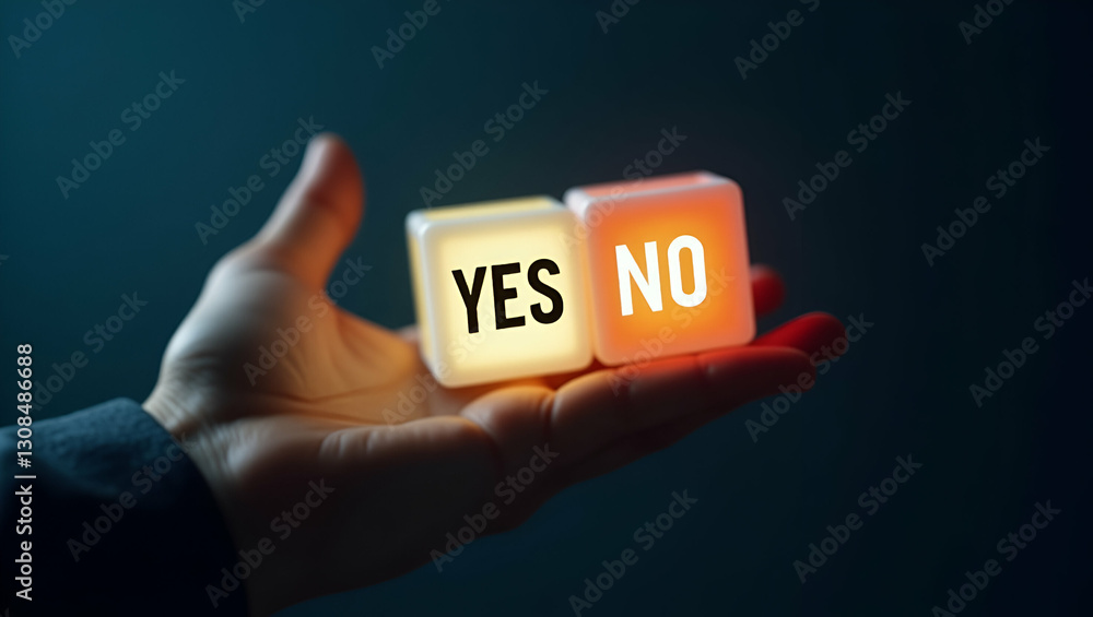 Poster illuminated holographic blocks: real-time decision making with glowing options in photo stock concep