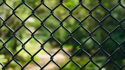 Fototapeta premium Close-Up Photo Chain-Link Fence with Blurred Greenery Background 